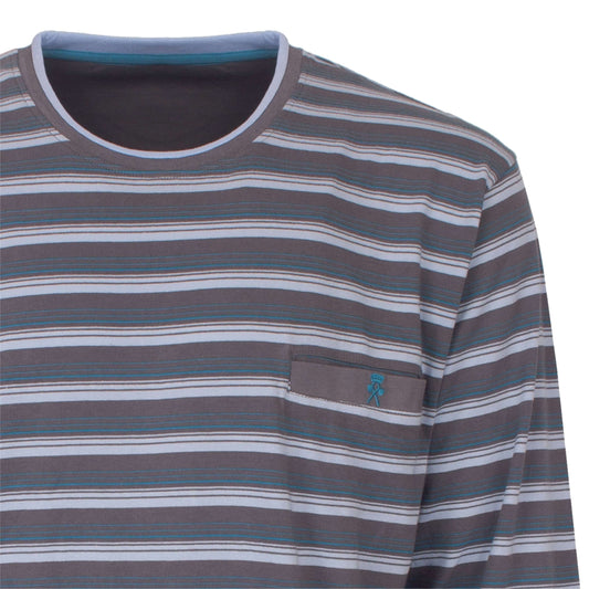 Gestreepte hin lichtblauw, grijs en wit. Ronde hals met zakje en klein logo op de borst.