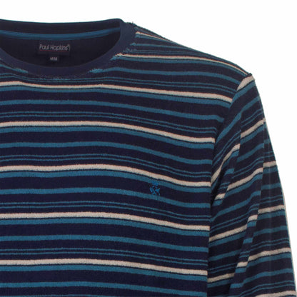 Gestreepte badstof pyjama in verschillende tinten blauw en beige, met ronde hals en Paul Hopkins label.