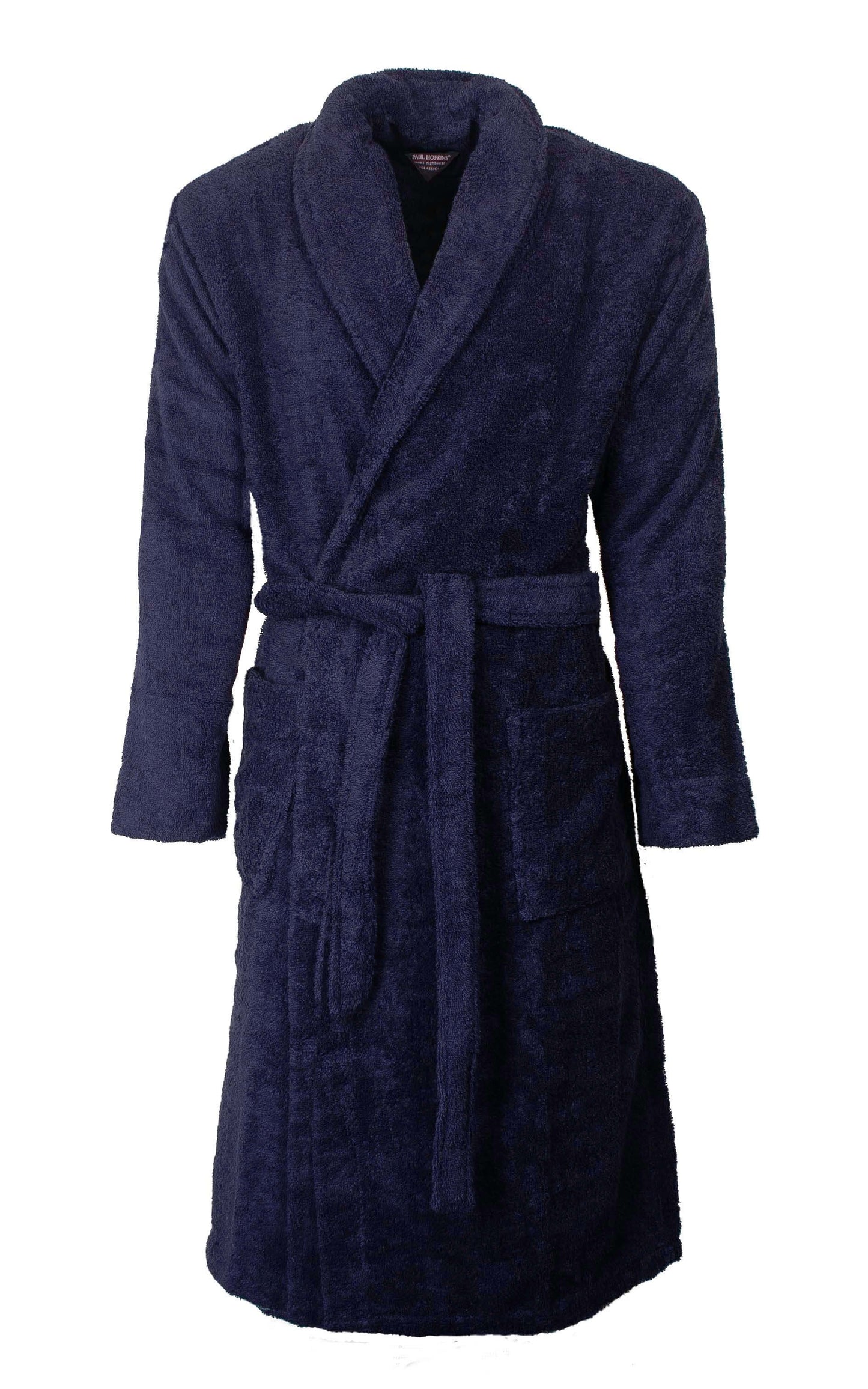 Donkerblauwe badstof badjas voorraag, lange mouwen, opgestikte zakken en ceintuur. Totale lengte 120 cm.
