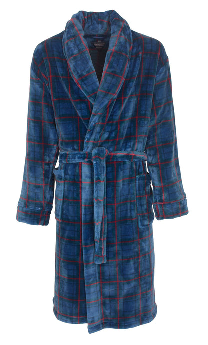 Blauwe geruite badjas van coral fleece met rode strepen, sjaalkraag en ceintuur, lang model voor heren.