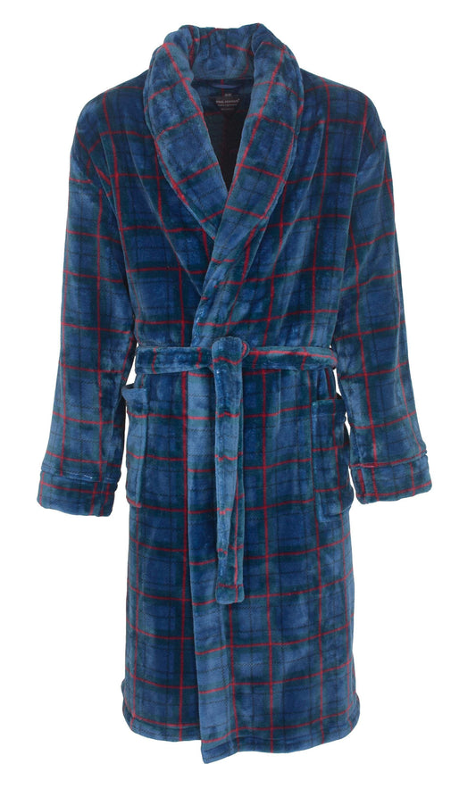 Blauwe geruite badjas van coral fleece met rode strepen, sjaalkraag en ceintuur, lang model voor heren.