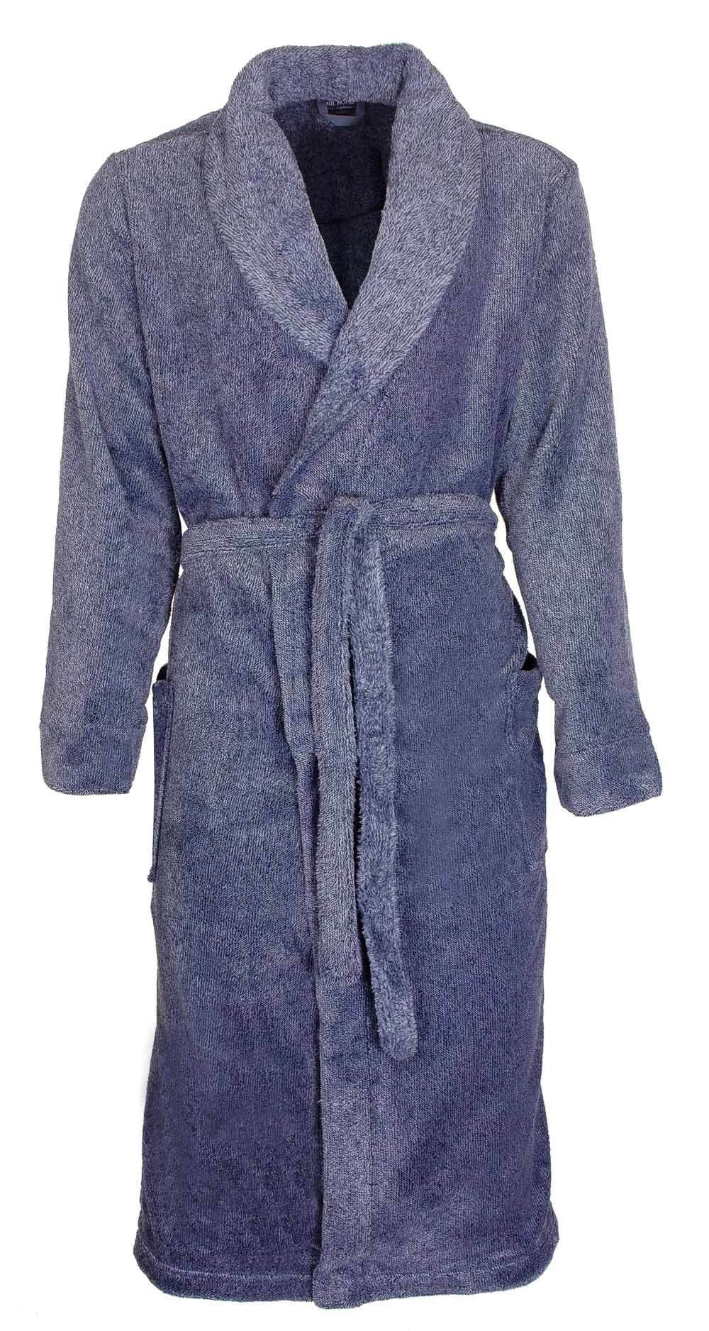Lange blauwe melange badjas met sjaalkraag, ceintuur en opgestikte zakken, gemaakt van zacht coral fleece materiaal