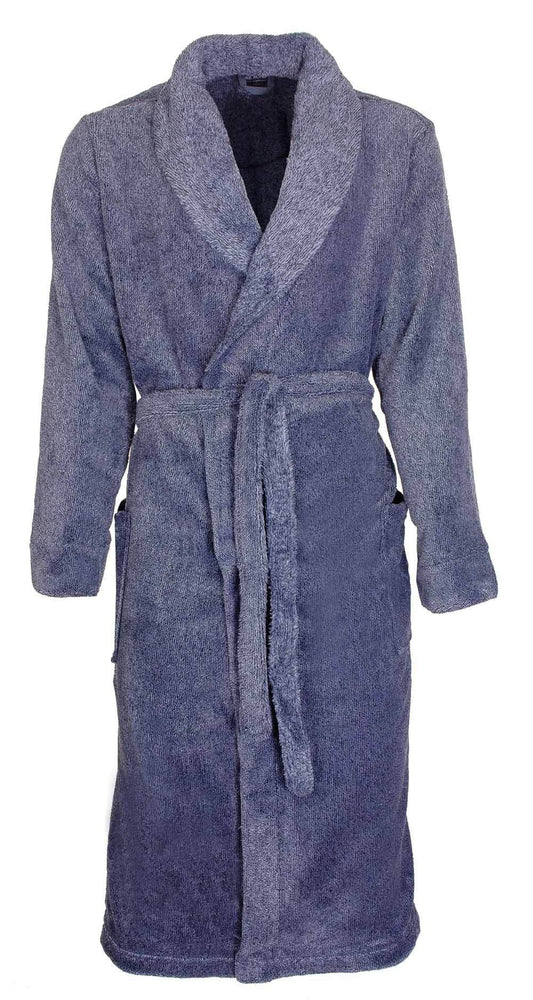 Lange blauwe melange badjas met sjaalkraag, ceintuur en opgestikte zakken, gemaakt van zacht coral fleece materiaal