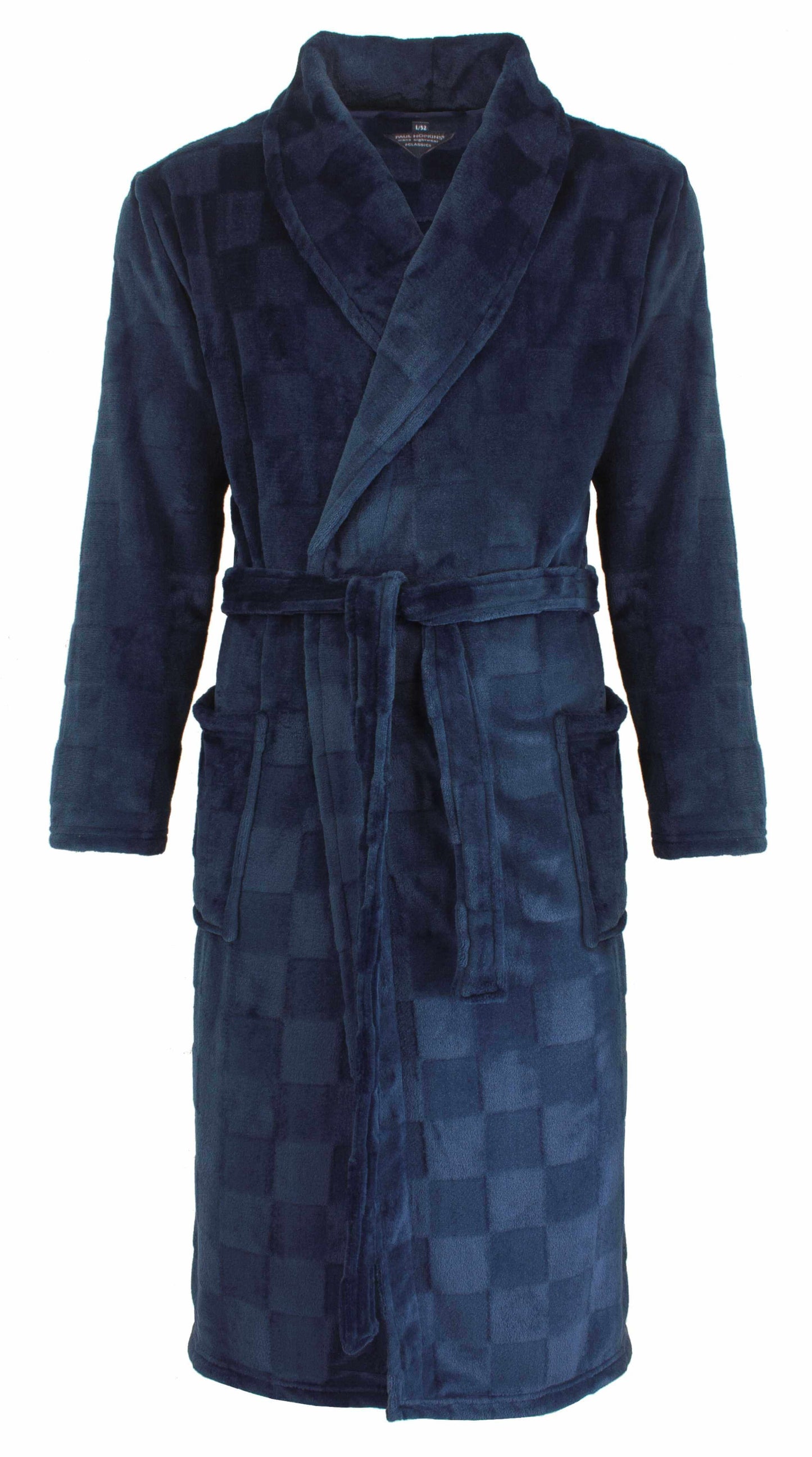 Donkerblauwe fleece badjas met lange mouwen, zakken,intuur. Zacht geuitziend, ideaal voor ontaal.