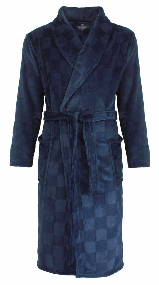 Donkerblauwe fleece badjas met lange mouwen, zakken,intuur. Zacht geuitziend, ideaal voor ontaal.