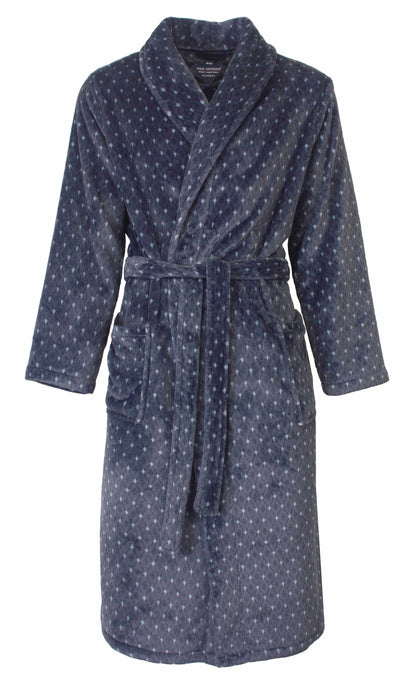 Grijsblauwe fleece badjas voor heren met een ruitpatroon, sjaalklraag, ceintuur en twee zakken.