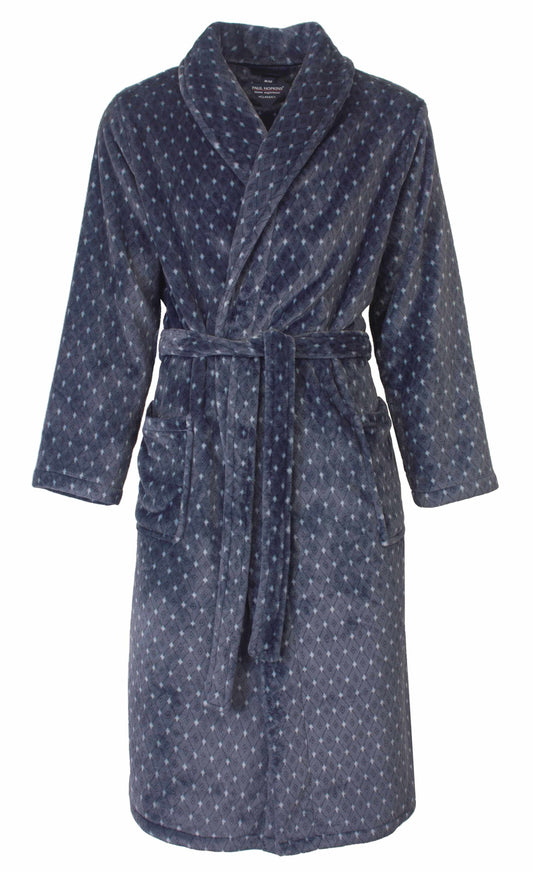 Grijsblauwe fleece badjas voor heren met een ruitpatroon, sjaalklraag, ceintuur en twee zakken.