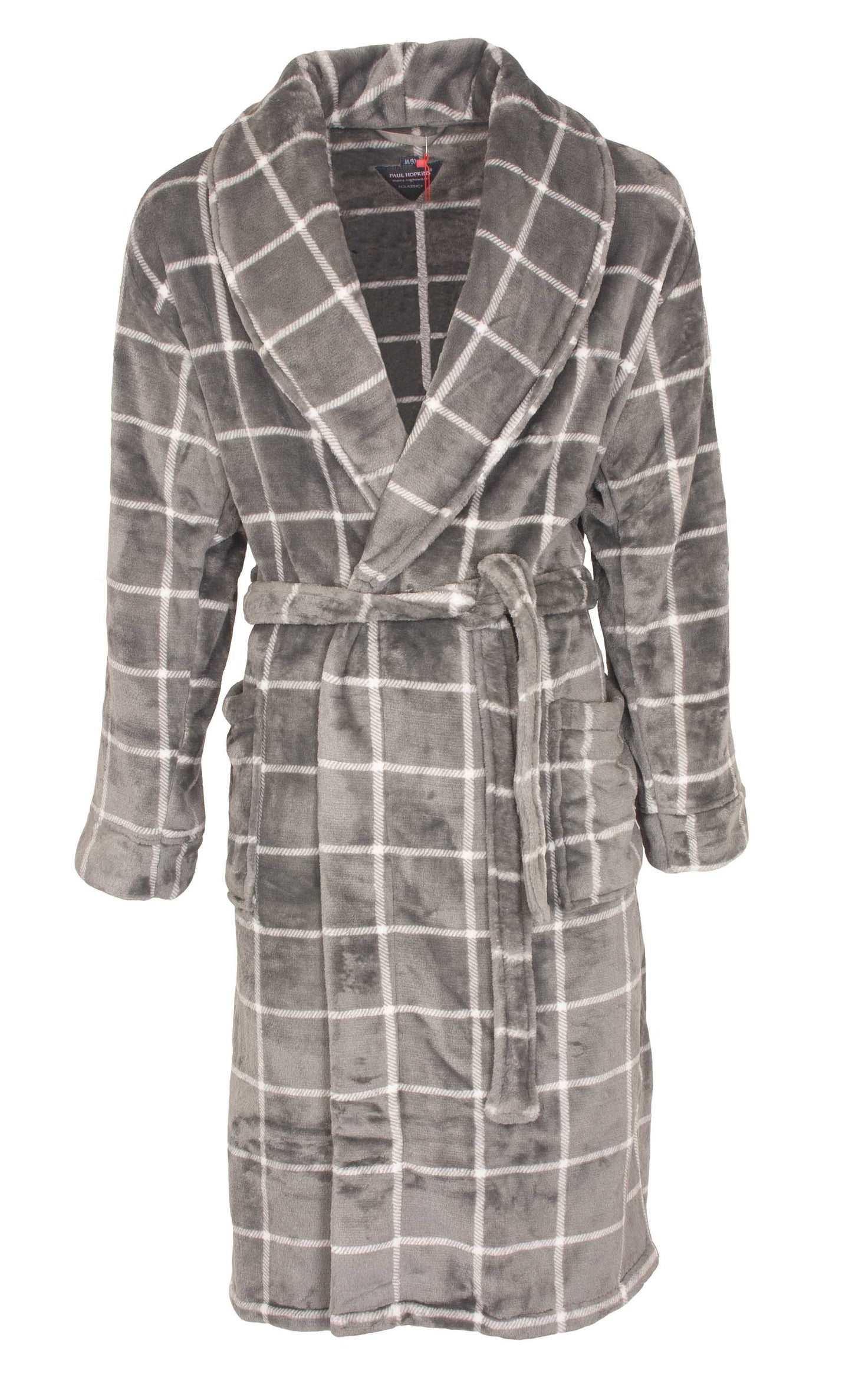 Grijze fleece badjas met wit ruitpatroon, sjaalkraag, ceintuur en lange mouwen voor heren