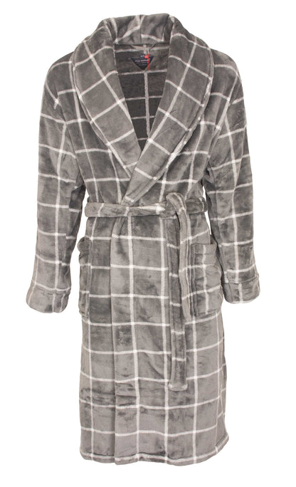 Grijze fleece badjas met wit ruitpatroon, sjaalkraag, ceintuur en lange mouwen voor heren