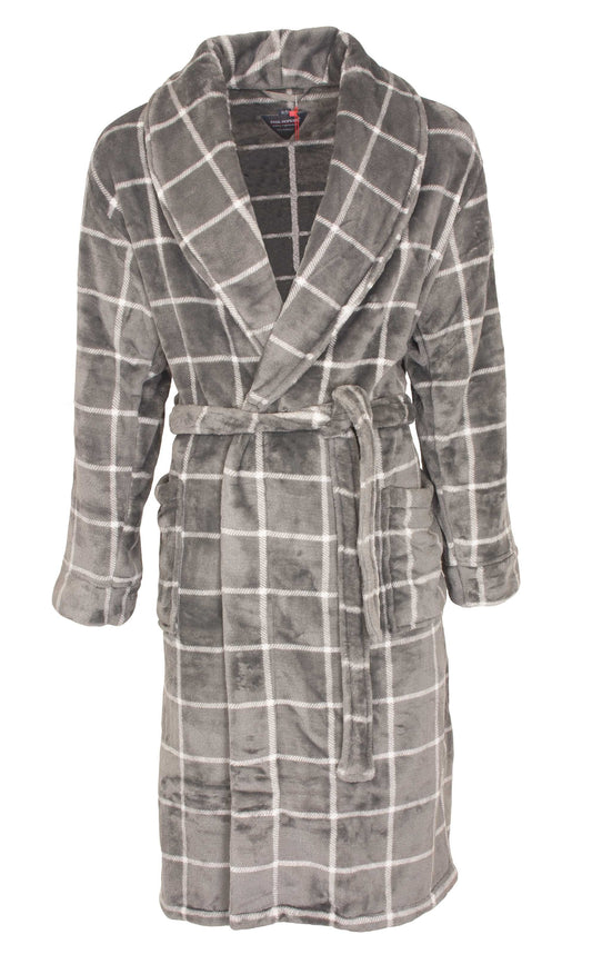 Grijze fleece badjas met wit ruitpatroon, sjaalkraag, ceintuur en lange mouwen voor heren