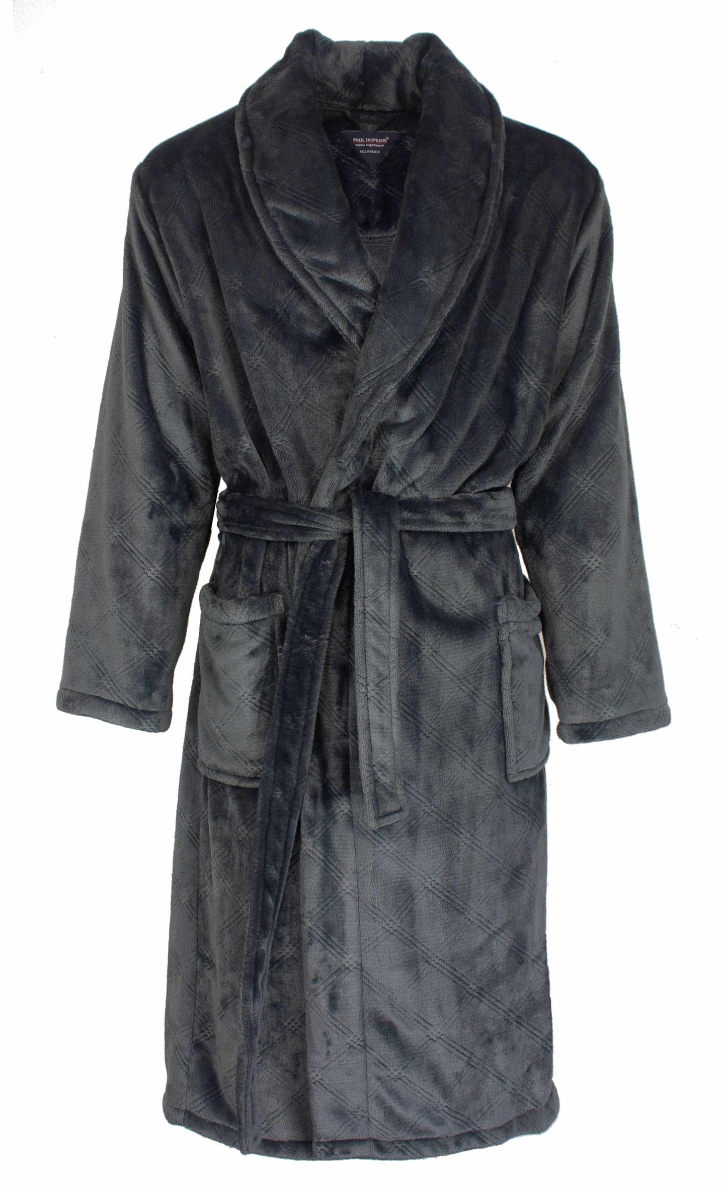 Blauwe fleece badjas met sjaalkraag, ceintuur en zakken. Zacht en comfortabel ontwerp voor heren.