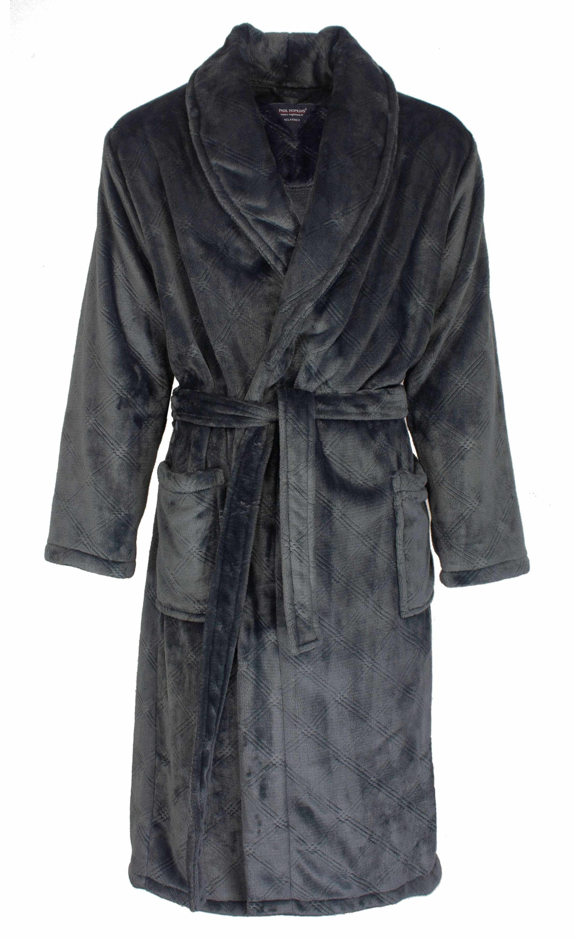 Blauwe fleece badjas met sjaalkraag, ceintuur en zakken. Zacht en comfortabel ontwerp voor heren.