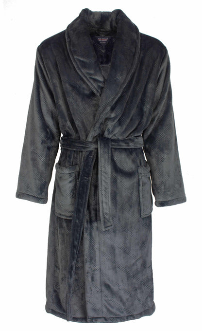 Blauwe fleece badjas met sjaalkraag, ceintuur en zakken. Zacht en comfortabel ontwerp voor heren.