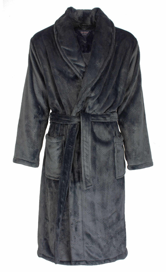 Blauwe fleece badjas met sjaalkraag, ceintuur en zakken. Zacht en comfortabel ontwerp voor heren.