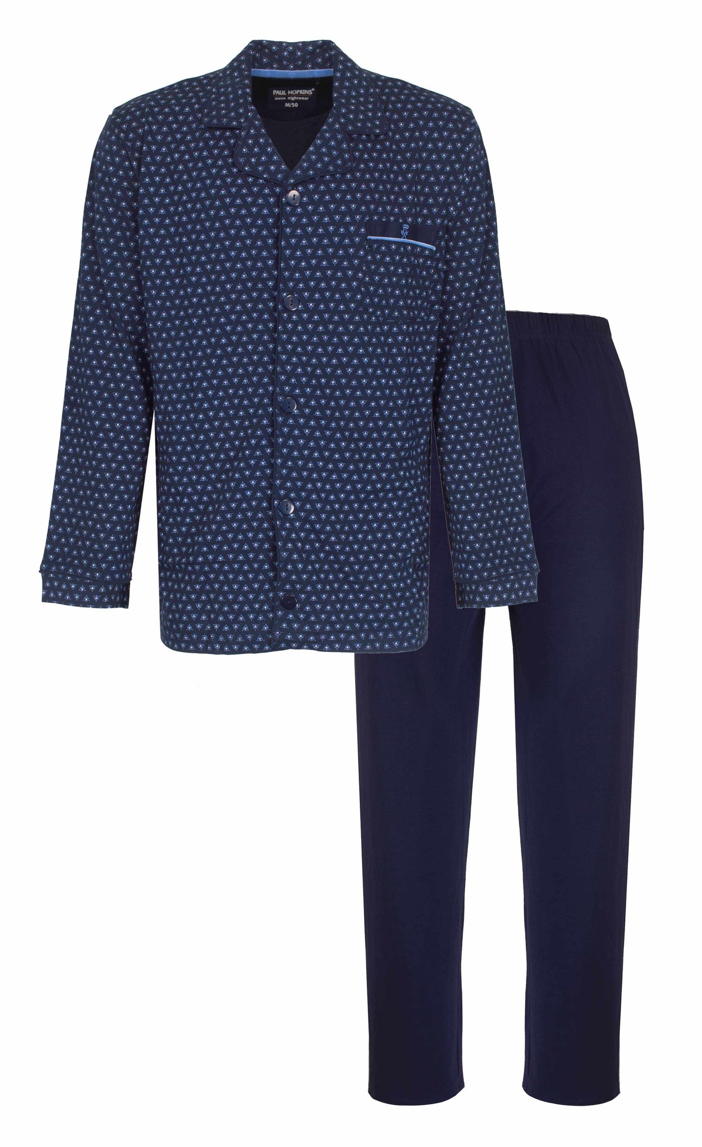 Blauwe heren pyjama met sterrenpatroon en bijpassende effen broek, geschikt voor ziekenhuisgebruik