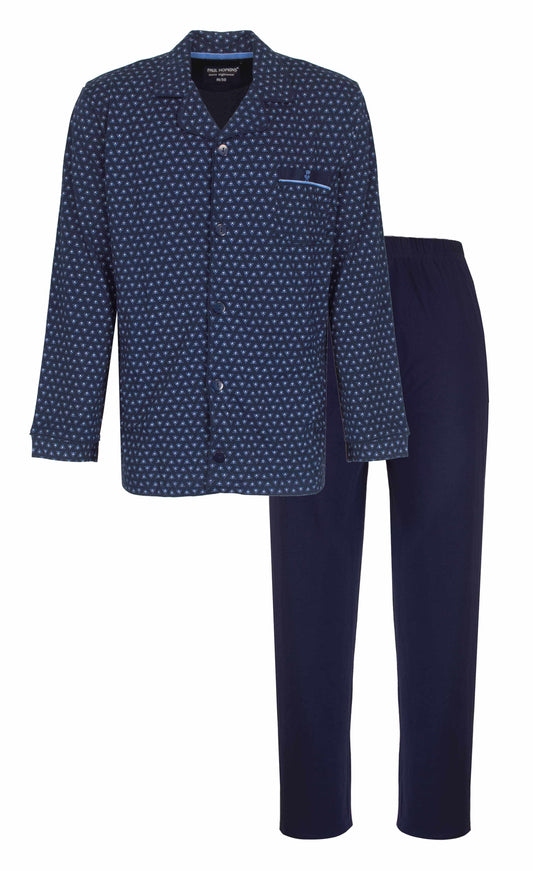 Blauwe heren pyjama met sterrenpatroon en bijpassende effen broek, geschikt voor ziekenhuisgebruik