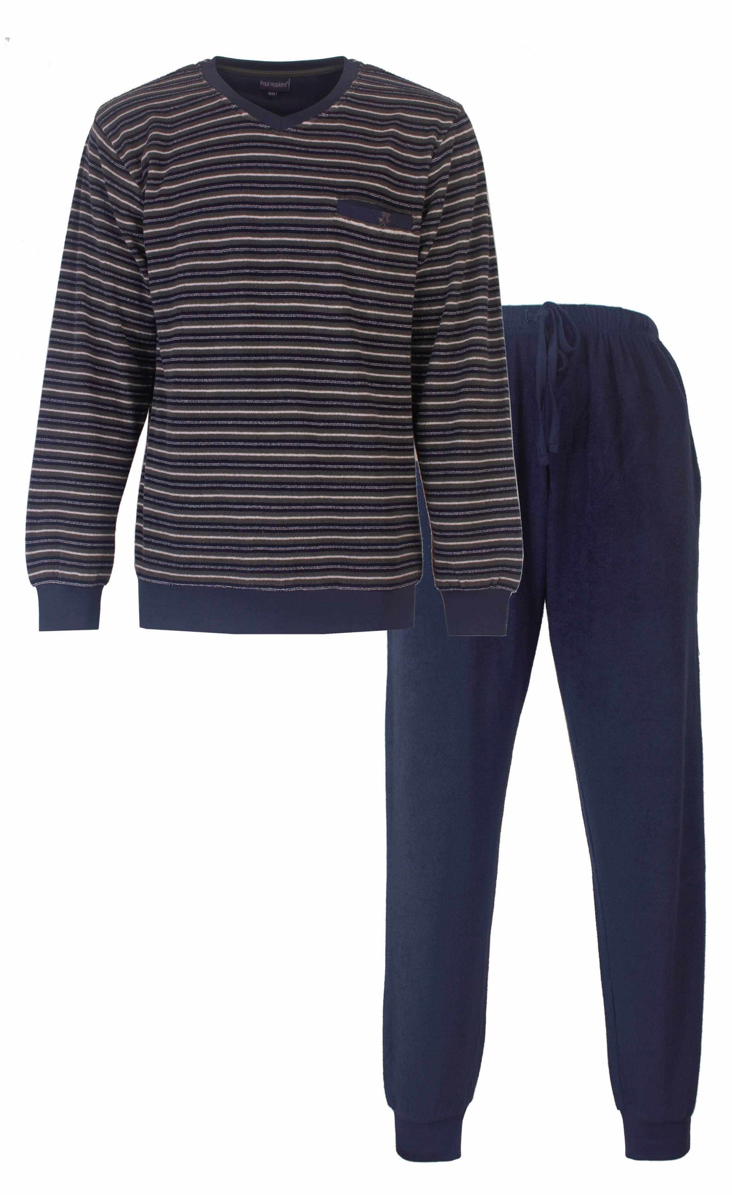 Blauwe gestreepte heren pyjama set met lange mouwen en lange broek, gemaakt van badstof materiaal