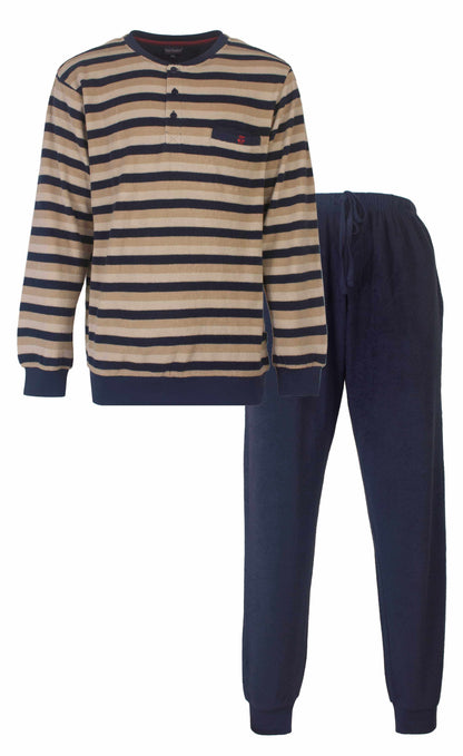 Gestreepte badstof pyjama set met blauw/beige top en donkerblauwe broek. Lange mouwen en ronde hals.
