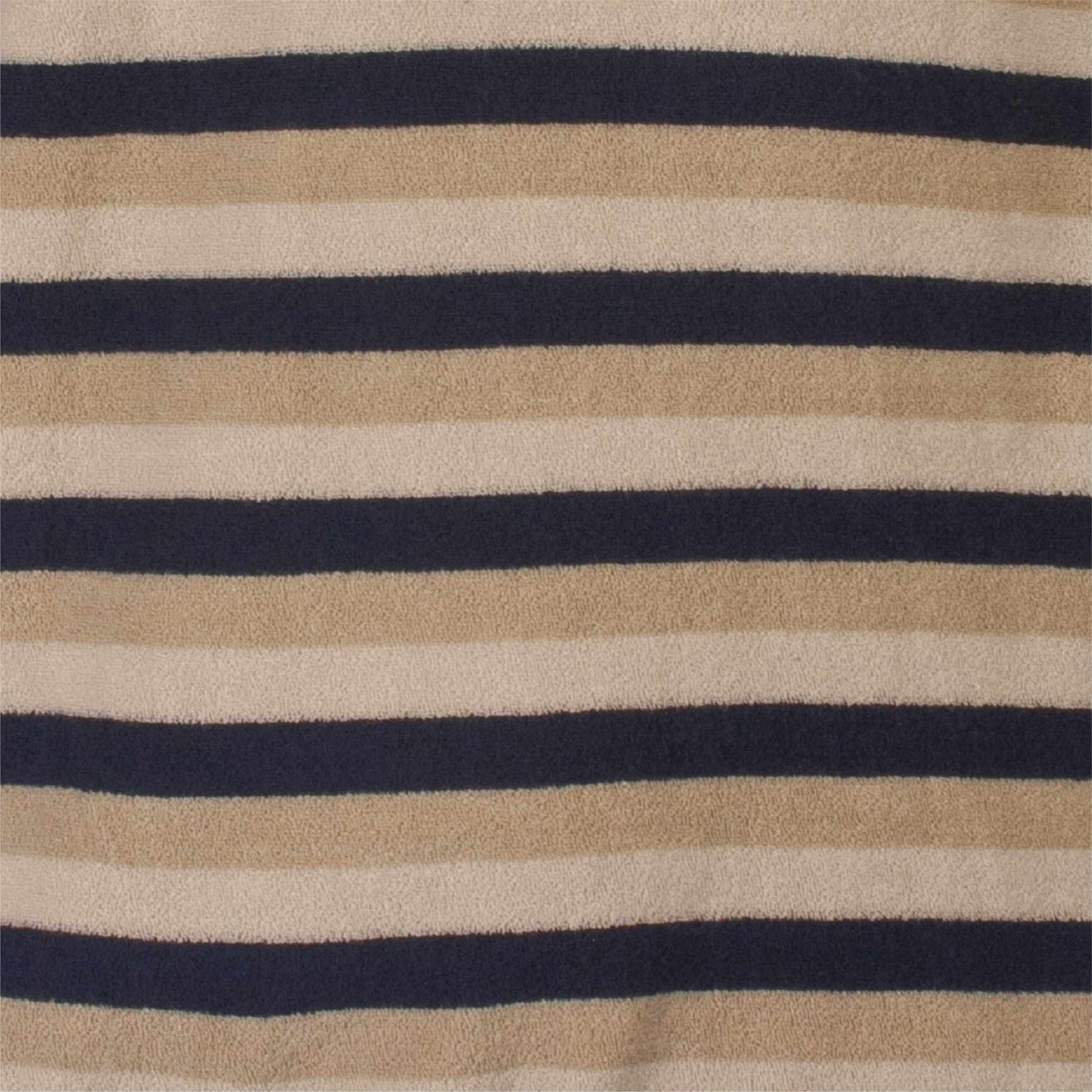 Gestreepte stof in blauw en beige tinten, met afwisselende horizontale strepen van verschillende breedtes.