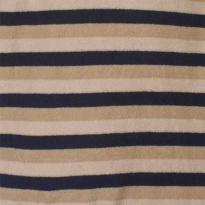Gestreepte stof in blauw en beige tinten, met afwisselende horizontale strepen van verschillende breedtes.