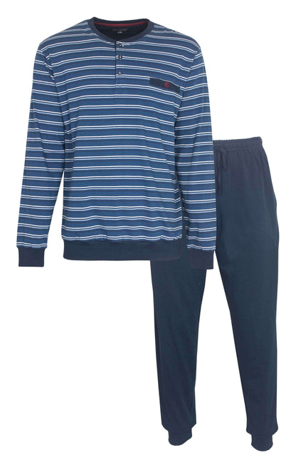 Blauwe gestreepte heren pyjama met polo sluiting, lange mouwen en uni broek van Paul Hopkins