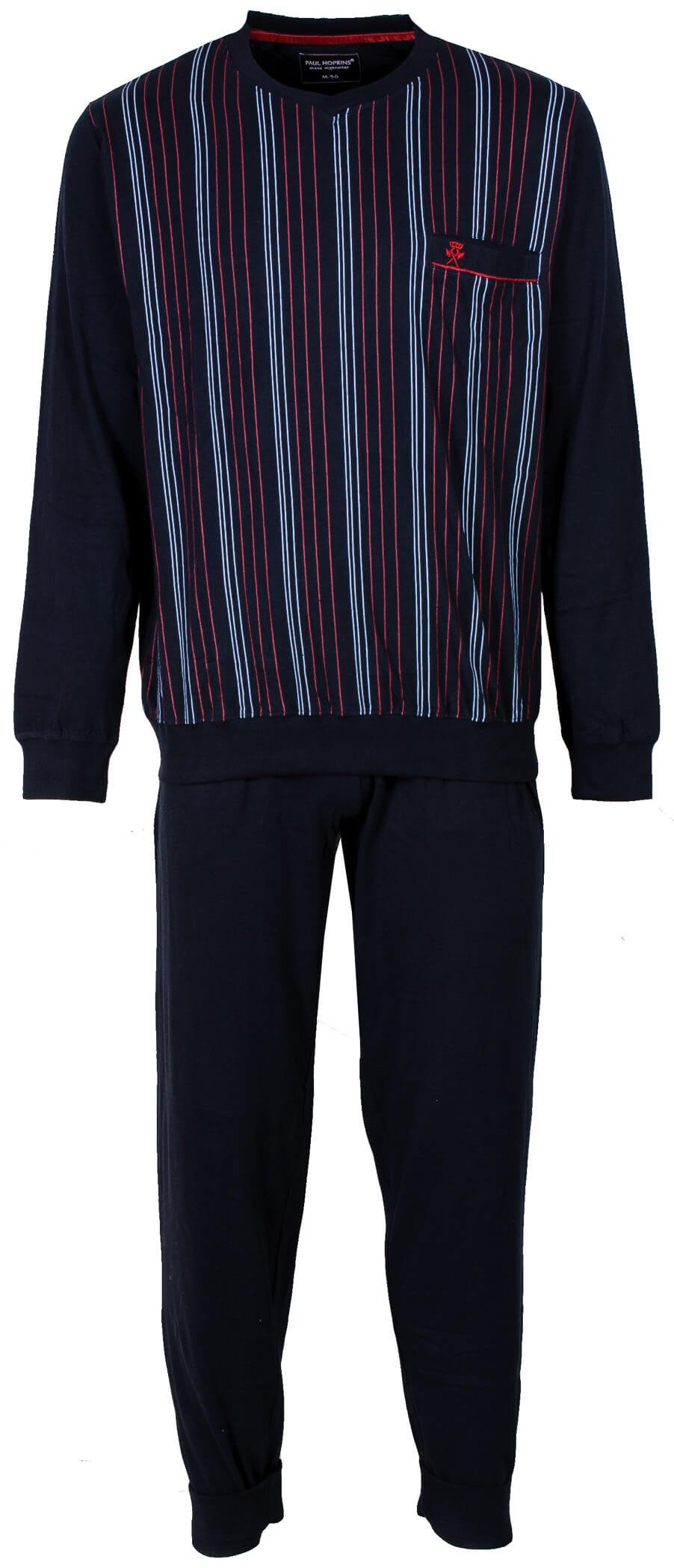 Blauwe heren pyjama met gestreept dessin op de top, lange mouwen en bijpassende effen broek