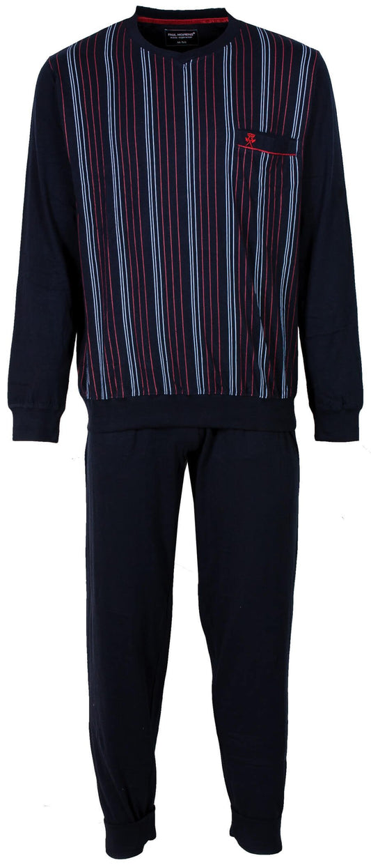 Blauwe heren pyjama met gestreept dessin op de top, lange mouwen en bijpassende effen broek