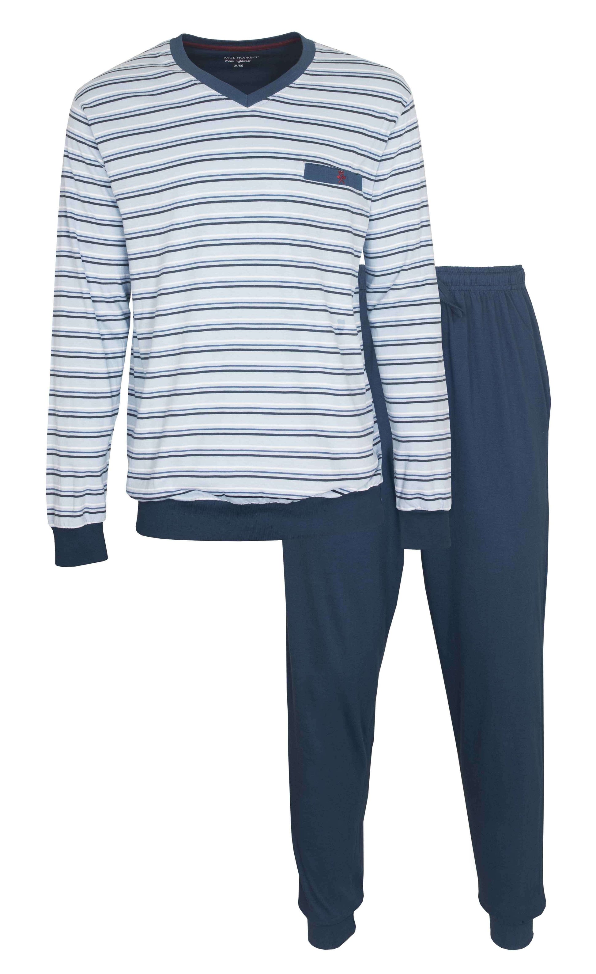 Blauwe heren pyjama met gestreept shirt en lange mouwen, V-hals, en effen broek met broek
