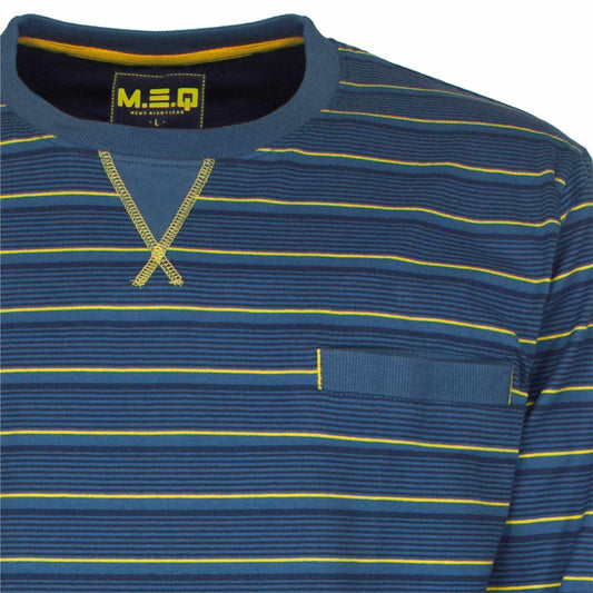 Blauw gestreepte pyjama met gele accenten, V-hals, borstzakje en 'M.E.Q' label aan de binnenkant