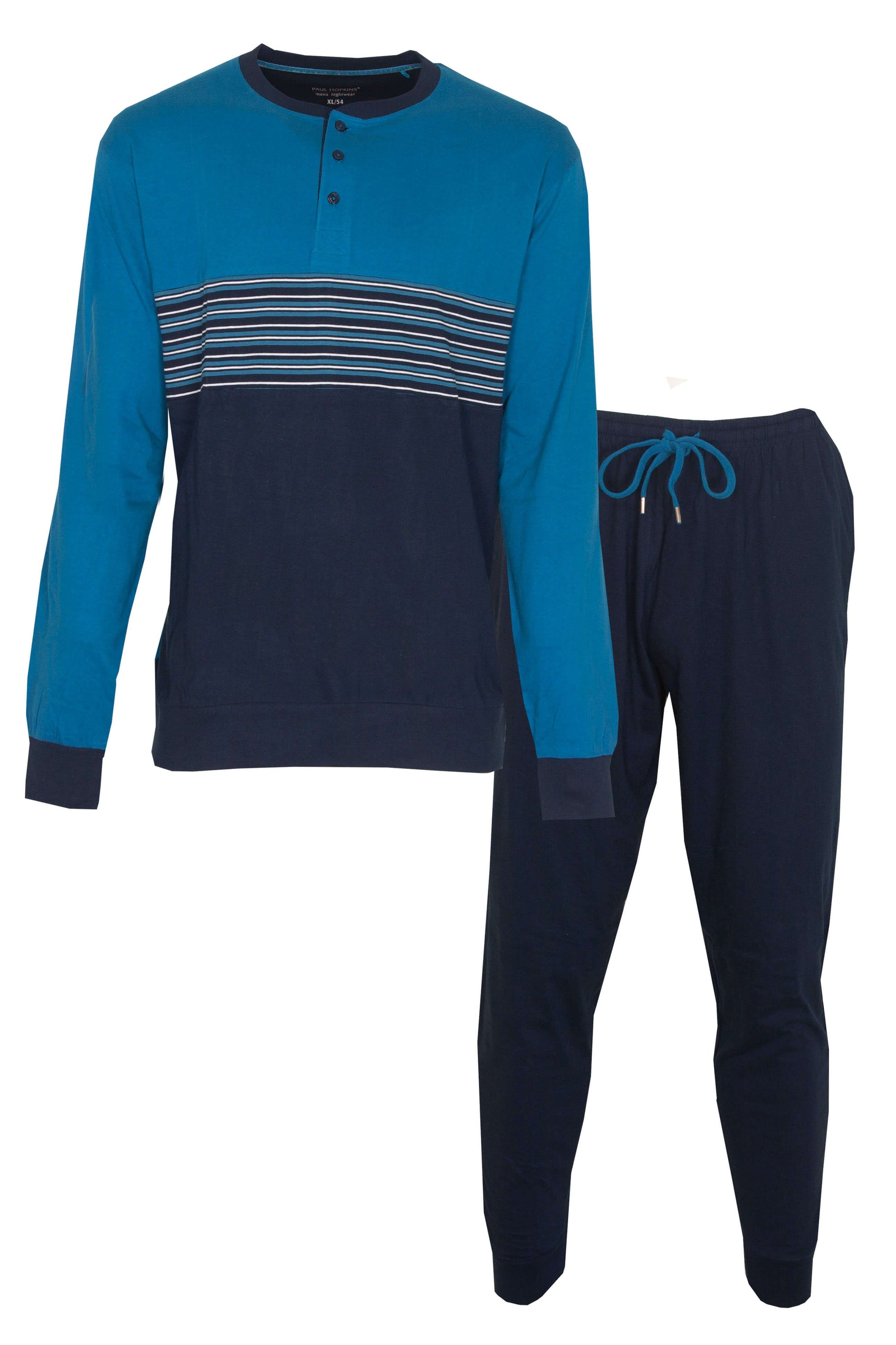 Blauwe heren pyjama set met gestreepte top en effen broek, gemaakt van 100% katoen met jersey kwaliteit.