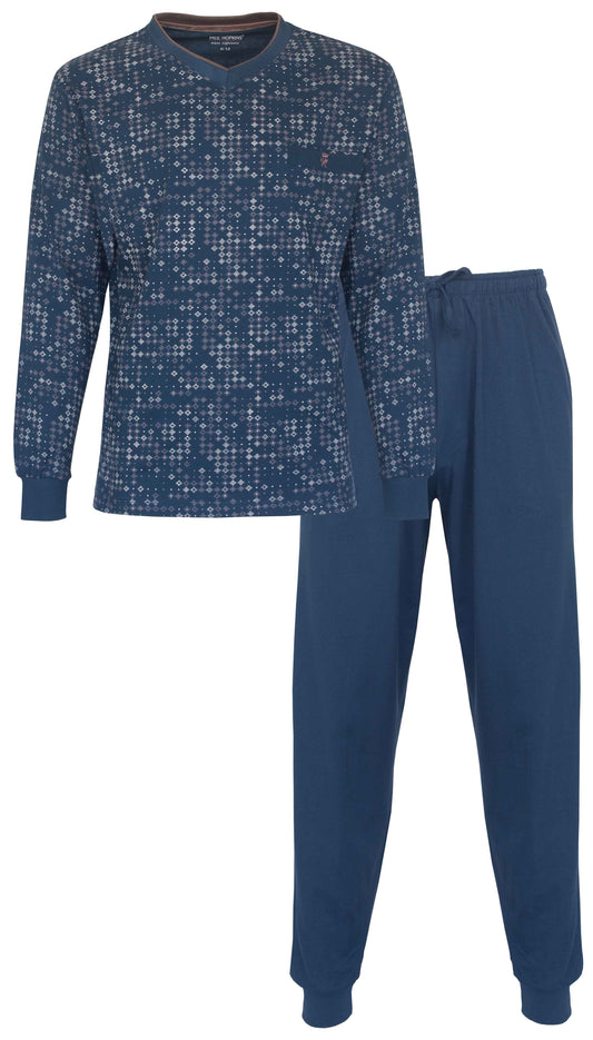 Blauwe heren pyjama set met geometrisch patroon op het shirt en effen broek, beide gemaakt van katoen