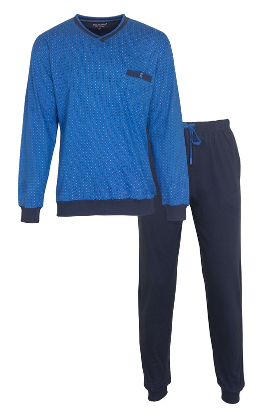 Blauwe heren pyjama met V-hals en lange mouwen, gestippeld patroon, en donkerblauwe broek met elastische taille