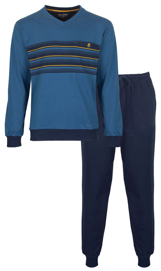 Blauwe heren pyjama set met gestreept motief op de borst, lange mouwen en bijpassende lange broek