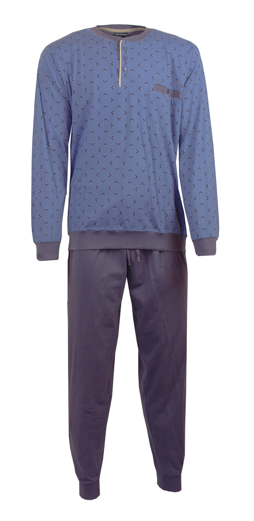 Blauwe heren pyjama met klein patroon, lange mouwen, polo-sluiting en bijpassende donkerblauwe broek