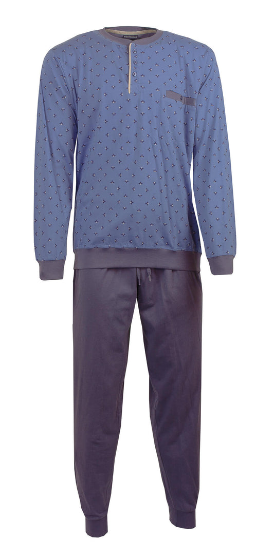 Blauwe heren pyjama met klein patroon, lange mouwen, polo-sluiting en bijpassende donkerblauwe broek