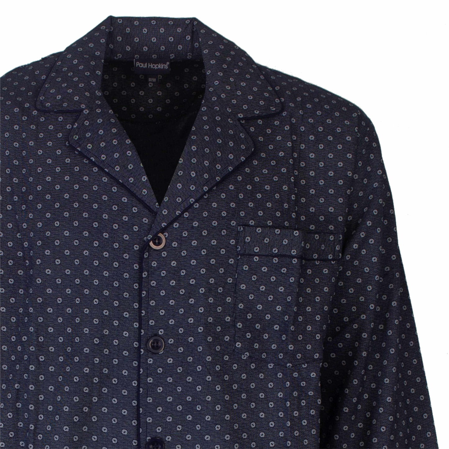 Donkerblauwe herenpyjama met klein geprint dessin, doorknoop-stijl, klassieke kraag en borstzakje