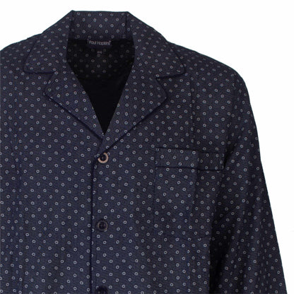Donkerblauwe herenpyjama met klein geprint dessin, doorknoop-stijl, klassieke kraag en borstzakje