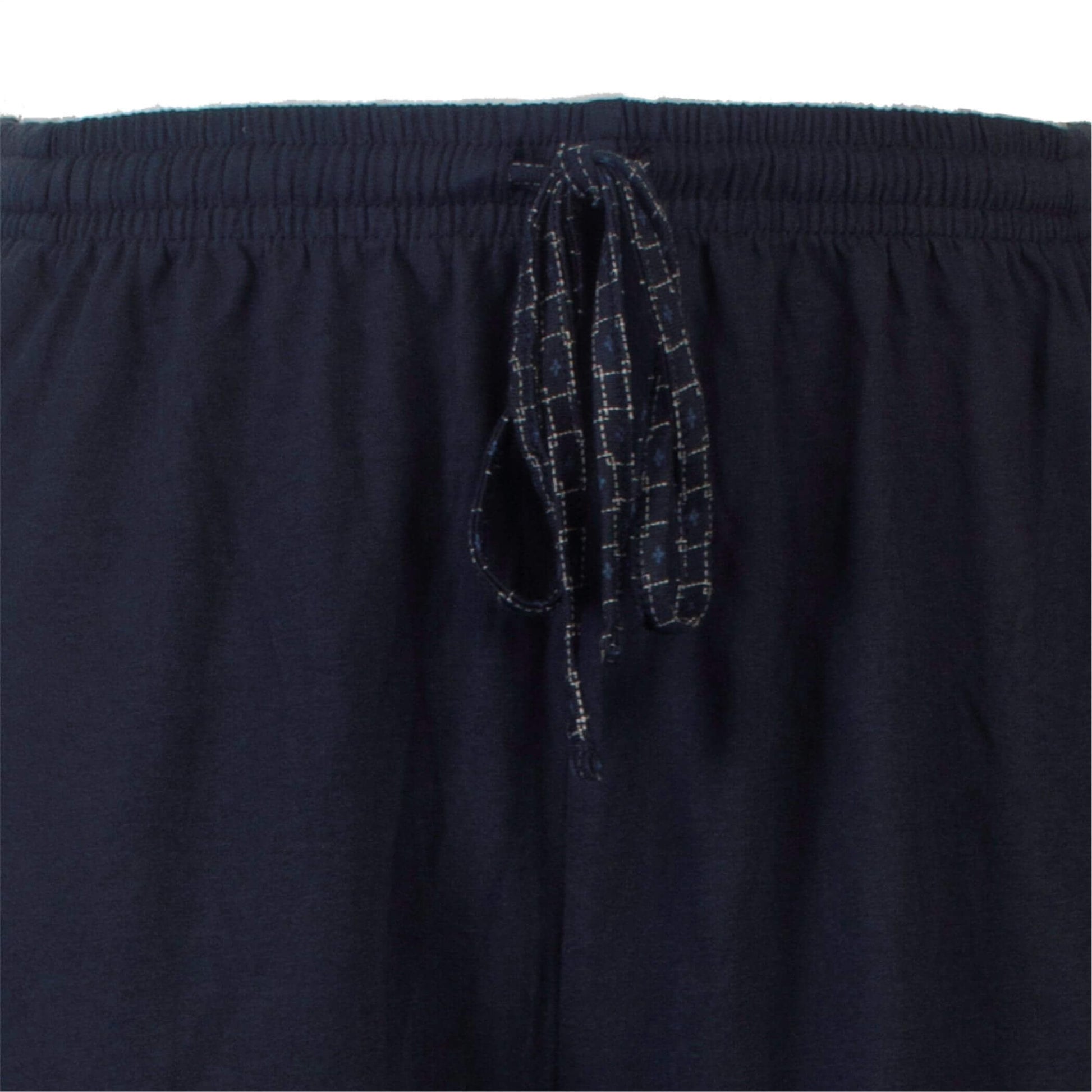 Donkerblauwe pyjama broek met elastische tailleband en geprint koord met ruitpatroon