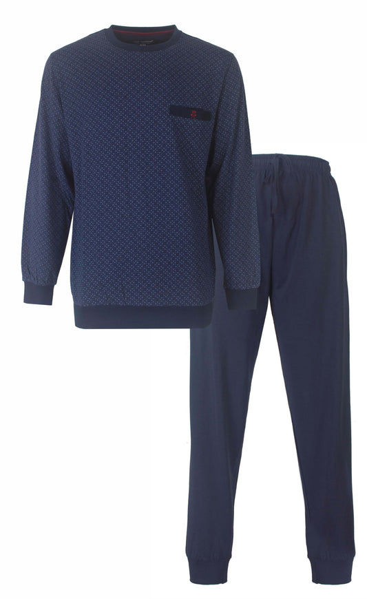 Donkerblauwe heren pyjama set met geprint dessin op shirt en effen lange broek, beide in zachte stof