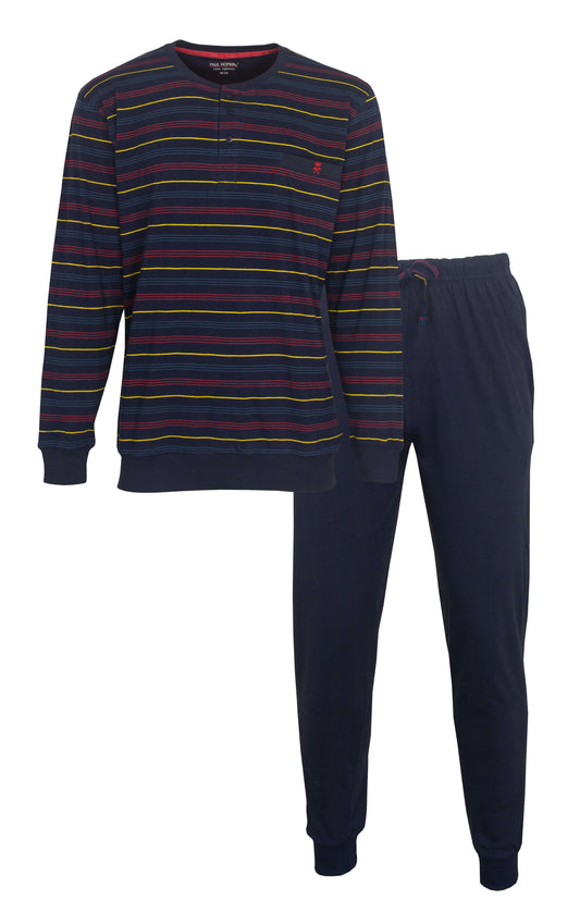 Donkerblauwe heren pyjama met gestreepte top en effen broek, gemaakt van 100% gekamde katoen