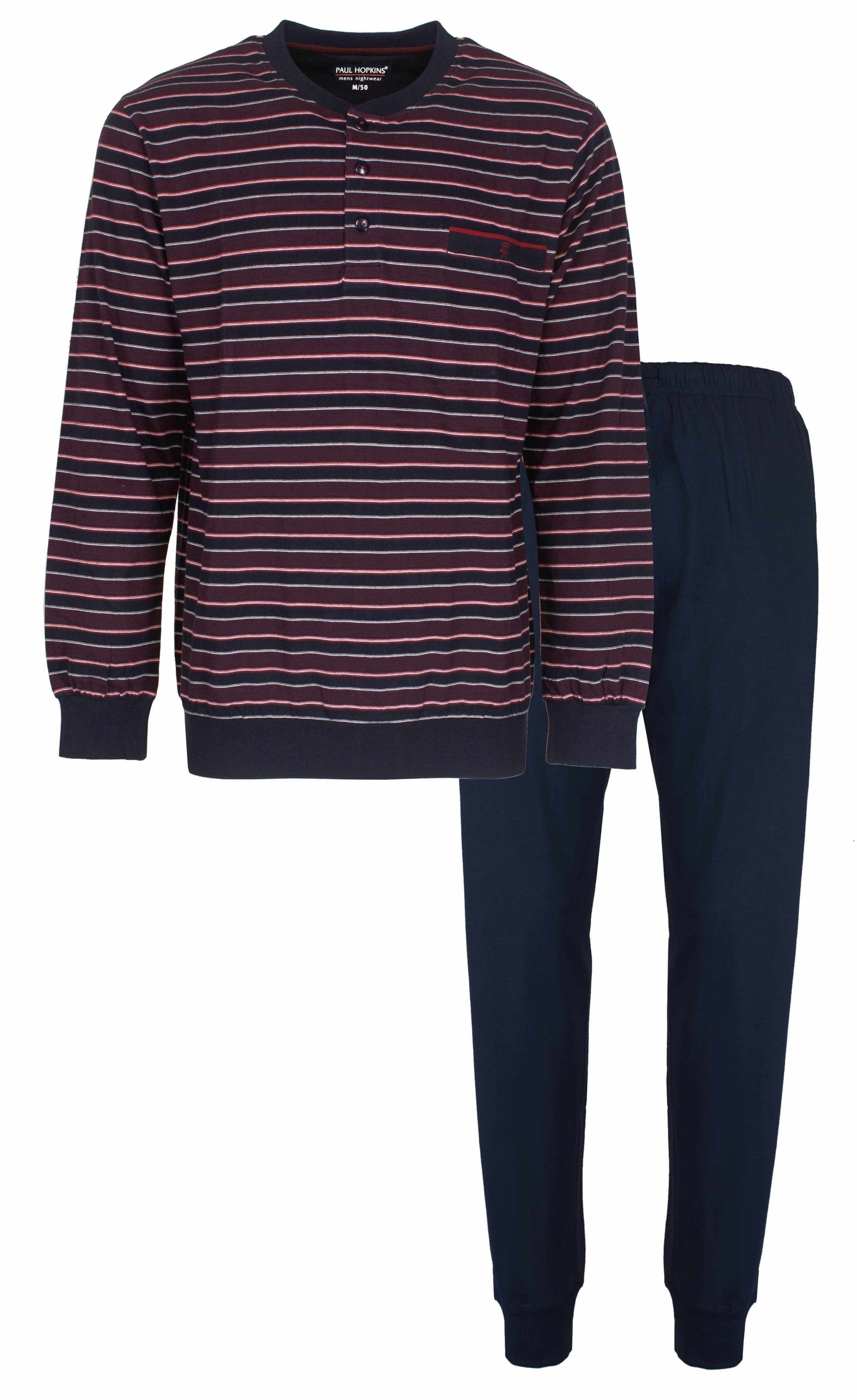 Donkerblauwe gestreepte pyjama met polo-sluiting, lange mouwen en bijpassende effen broek
