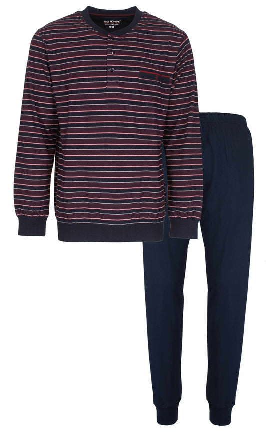 Donkerblauwe gestreepte pyjama met polo-sluiting, lange mouwen en bijpassende effen broek