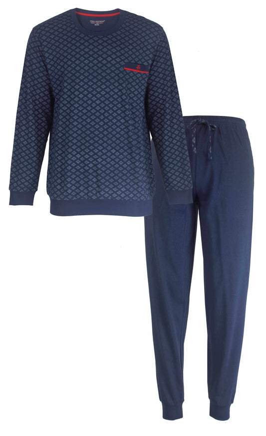 Donkerblauwe heren pyjama set met geprint ruitdessin op de trui en effen broek, gemaakt van 100% katoen