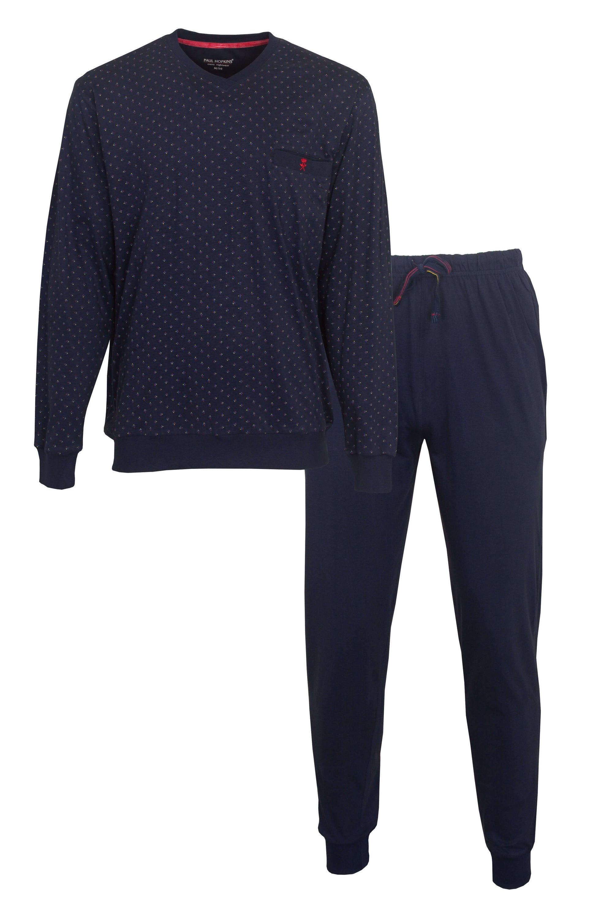 Donkerblauwe katoenen herenpyjama met V-hals, gestippeld shirt en effen broek van Paul Hopkins