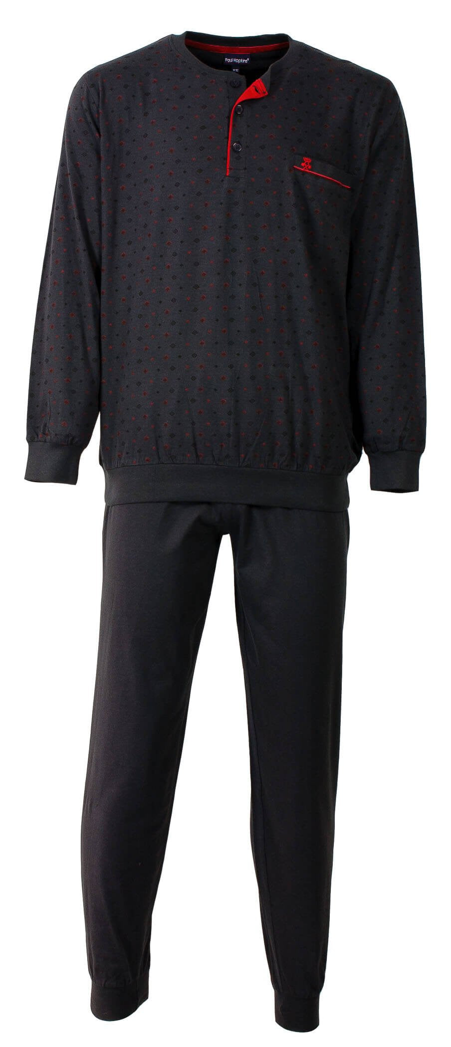 Donkergrijze heren pyjama met rode stippen, ronde hals, polosluiting en lange broek van Paul Hopkins