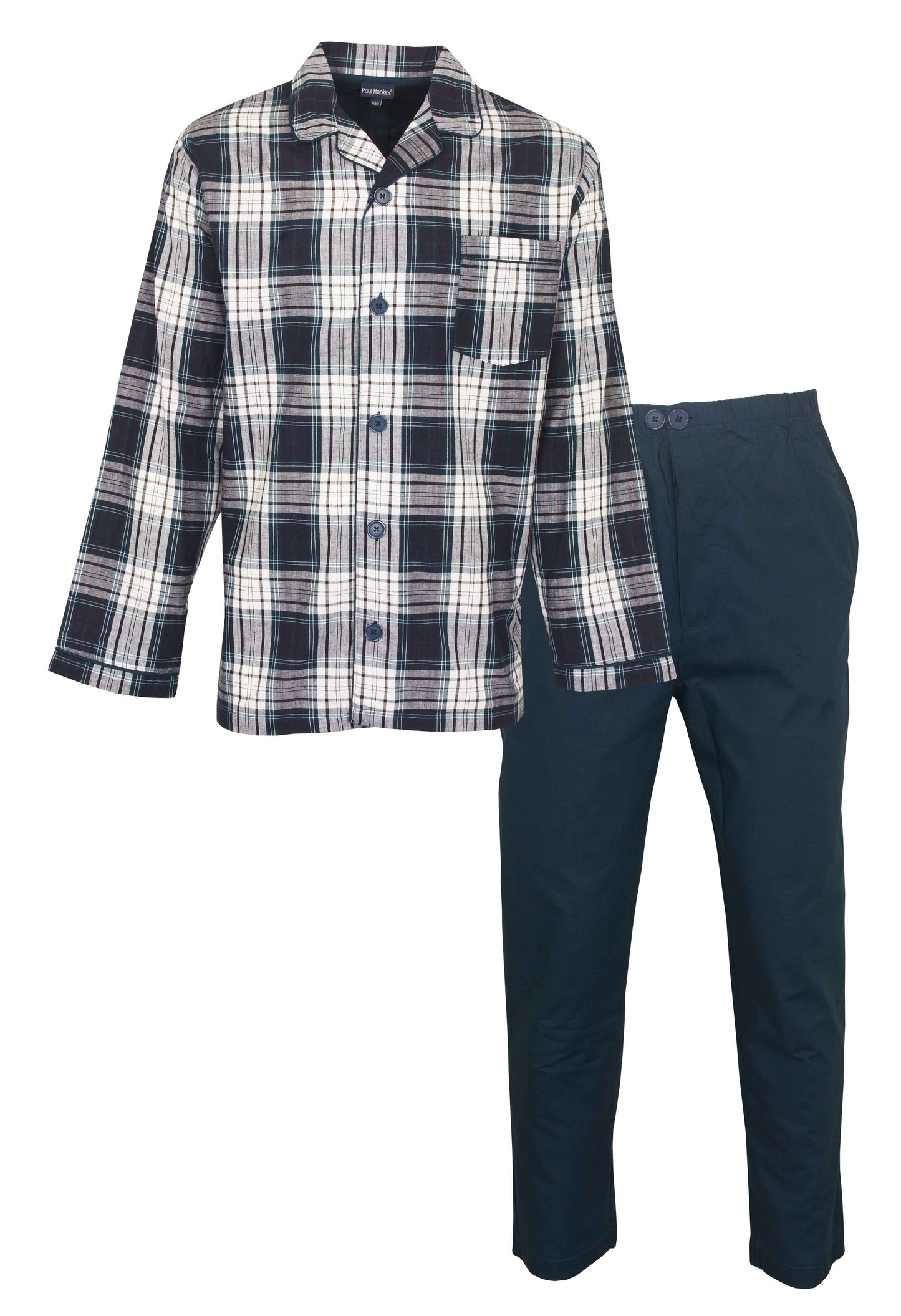 Blauwe geruite pyjama met lange mouwen, revers, borstzakje en effen lange broek met zakken en knoop gulp