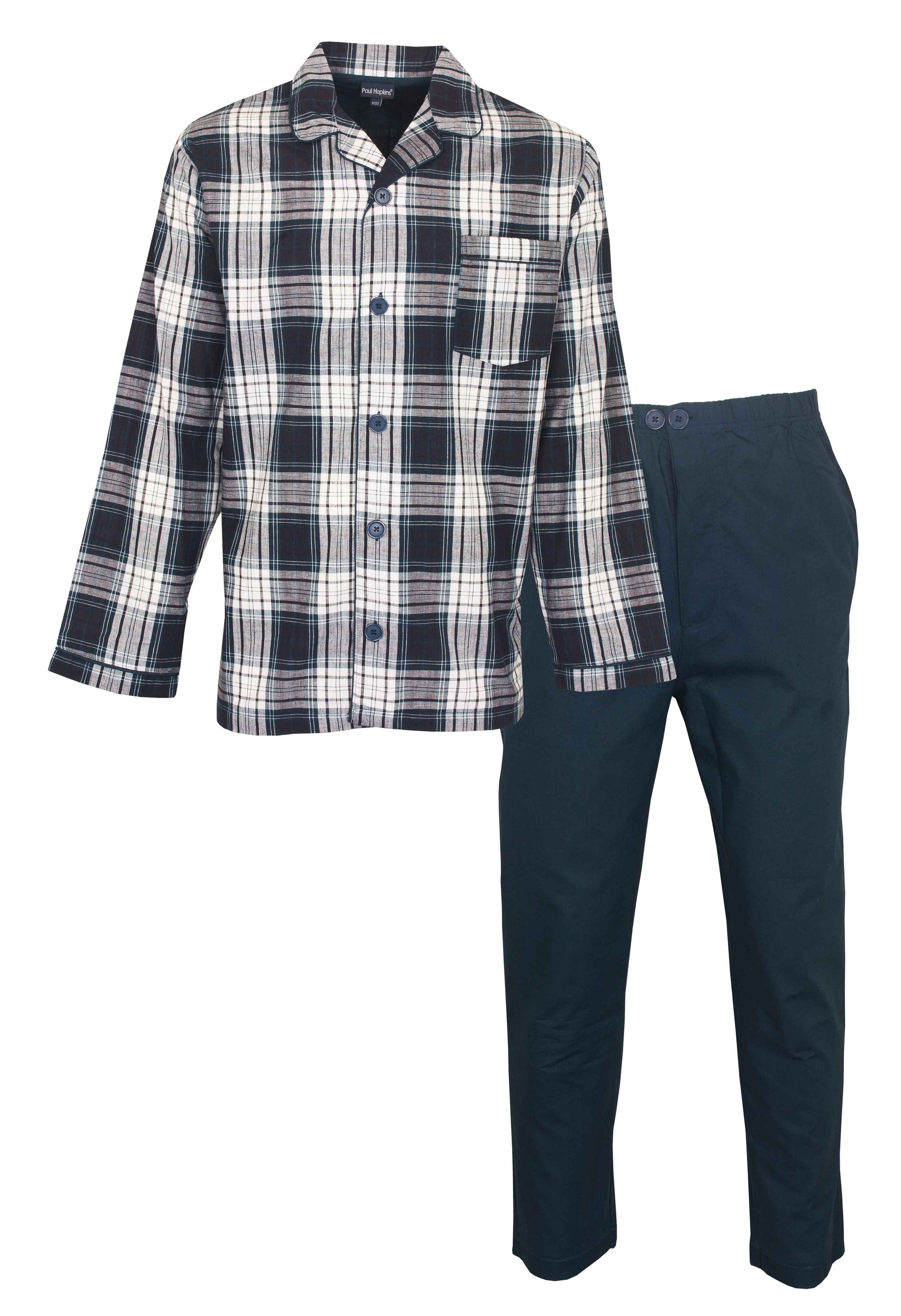 Blauwe geruite pyjama met lange mouwen, revers, borstzakje en effen lange broek met zakken en knoop gulp