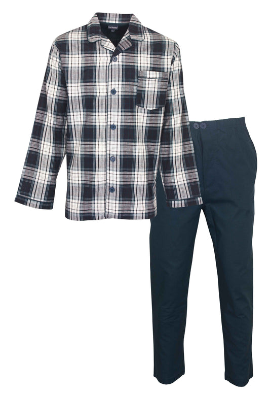 Blauwe geruite pyjama met lange mouwen, revers, borstzakje en effen lange broek met zakken en knoop gulp