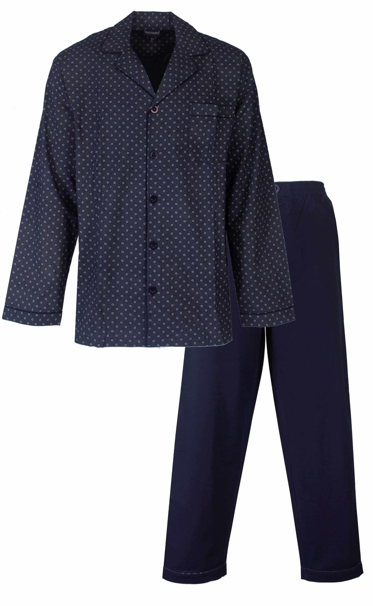 Donkerblauwe herenpyjama met doorknoop-design enrukt met kleine cirkels en bijpassende effen broek