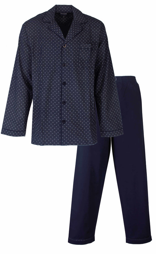 Donkerblauwe herenpyjama met doorknoop-design enrukt met kleine cirkels en bijpassende effen broek